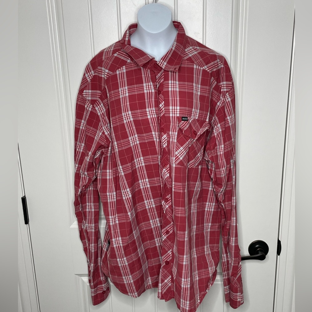 RVCA Red and White Button-Down Shirt, Men's XL